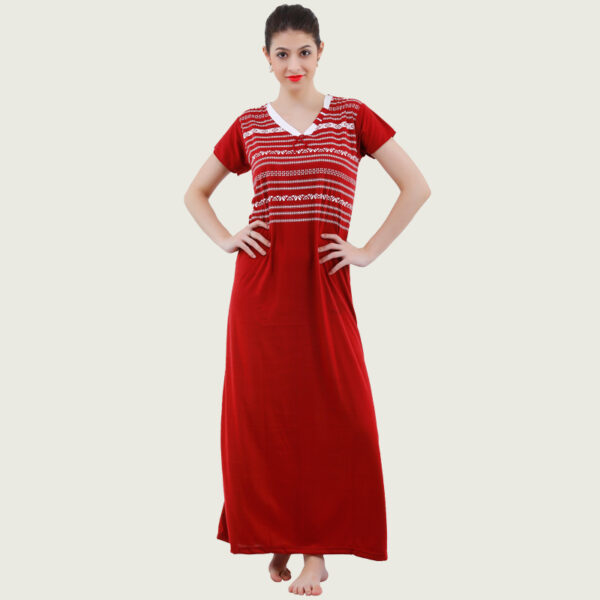 Maroon Printed Viscose Long Nighty