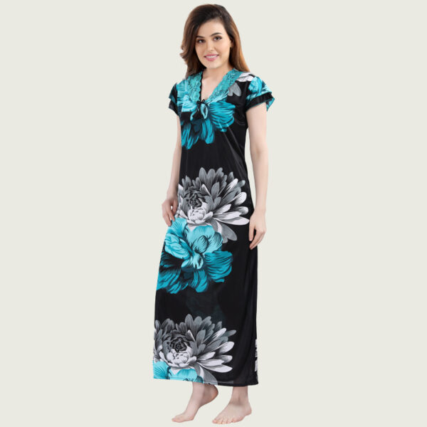 Green Printed Satin Long Nighty - Image 2