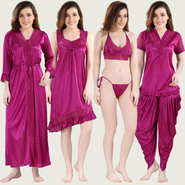 Magenta Satin Set of 6 Pcs Nightwear