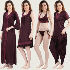 Romaisa Women`s Satin Nighty, Wrap Gown, Top, Pajama, Bra and Thong (Free  Size) (Pack of 6) COLOUR : WINE