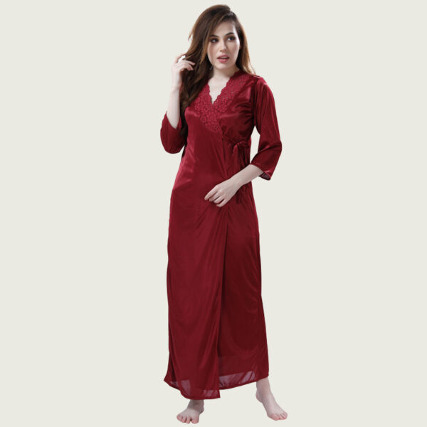 Maroon Satin Nighty with Robe - Image 4