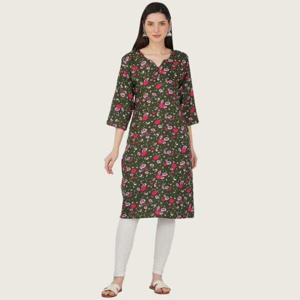 Multi Green Cotton Floral Printed Straight Kurti