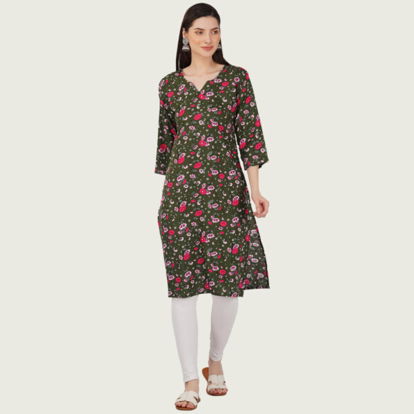 Multi Green Cotton Floral Printed Straight Kurti - Image 2