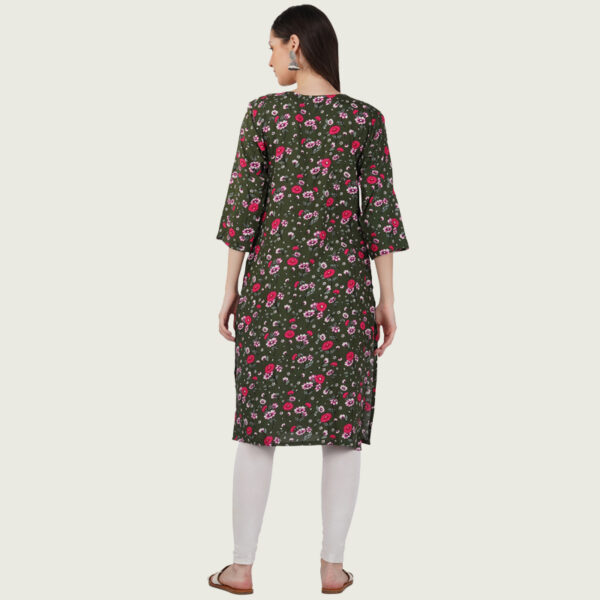 Multi Green Cotton Floral Printed Straight Kurti - Image 3