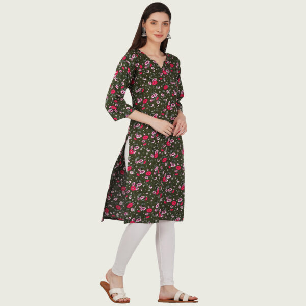 Multi Green Cotton Floral Printed Straight Kurti - Image 4